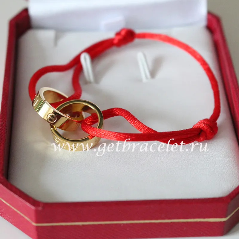 Cartier Double Ring Love Bracelet Yellow Gold Red Rope