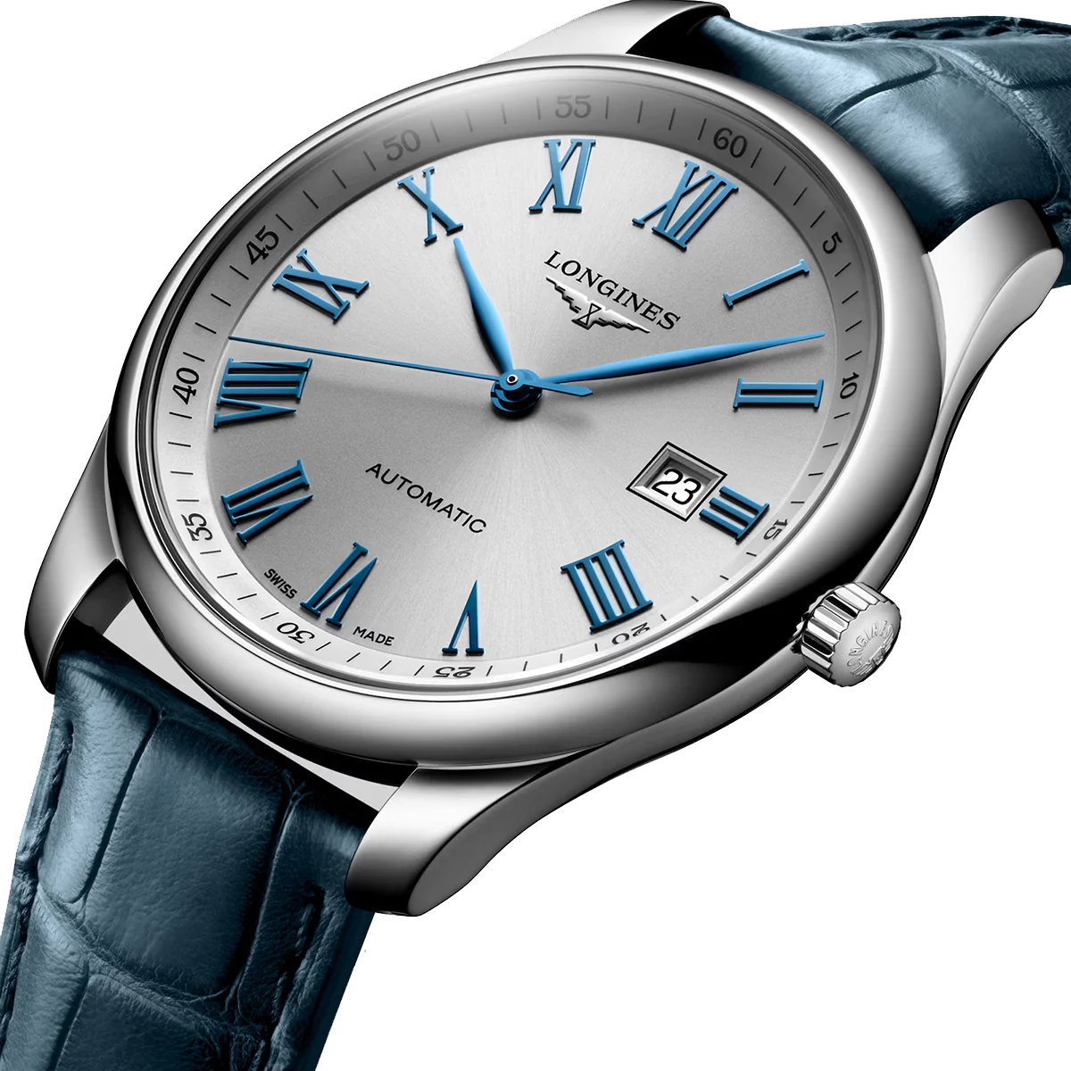 Masters Collection 42MM Automatic Silver Dial Blue Strap Watch L28934792