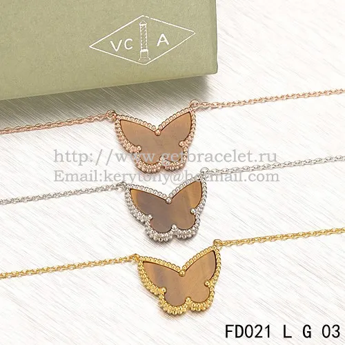 Van Cleef Arpels Lucky Alhambra Butterfly Pendant Yellow Gold With Tiger's Eye Mother Of Pearl