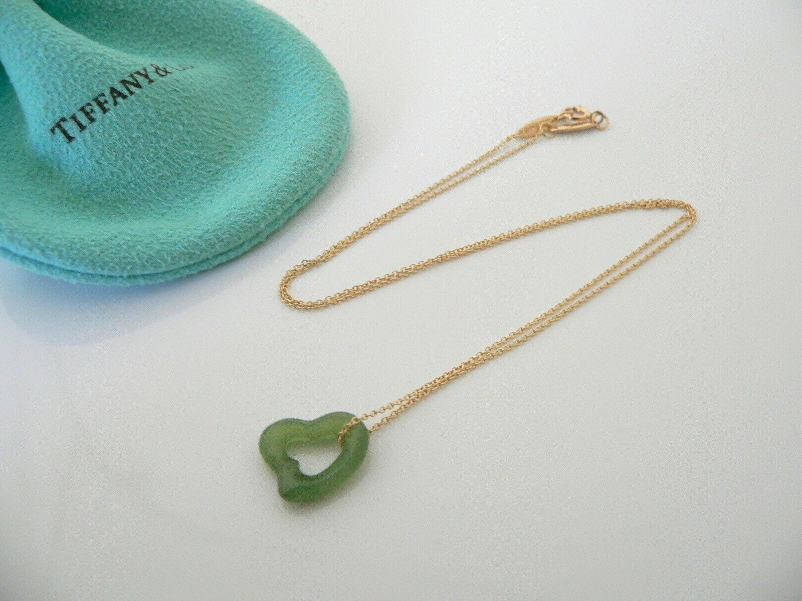 Tiffany & Co Peretti 18K Gold Jade Gemstone Heart Necklace Pendant Charm Chain