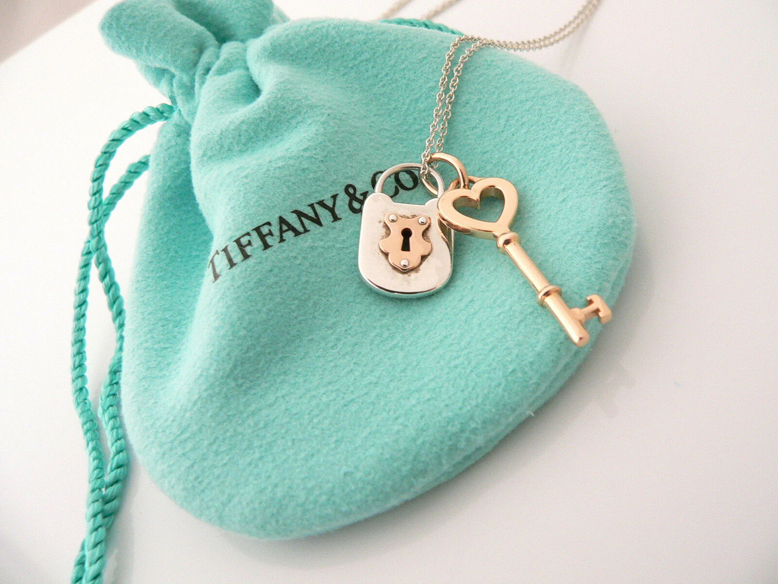 Tiffany Co Silver 18K Rose Gold Heart Key Locks Necklace Pendant Charm Gift Love