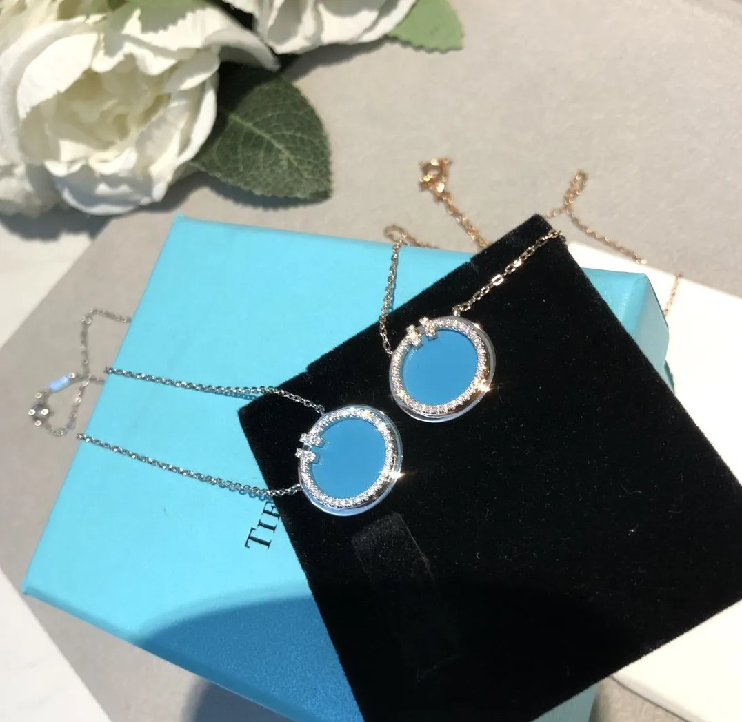 Top Tiffany T Silver Diamonds Turquoise Circle Pendant Couple Style Necklace HK