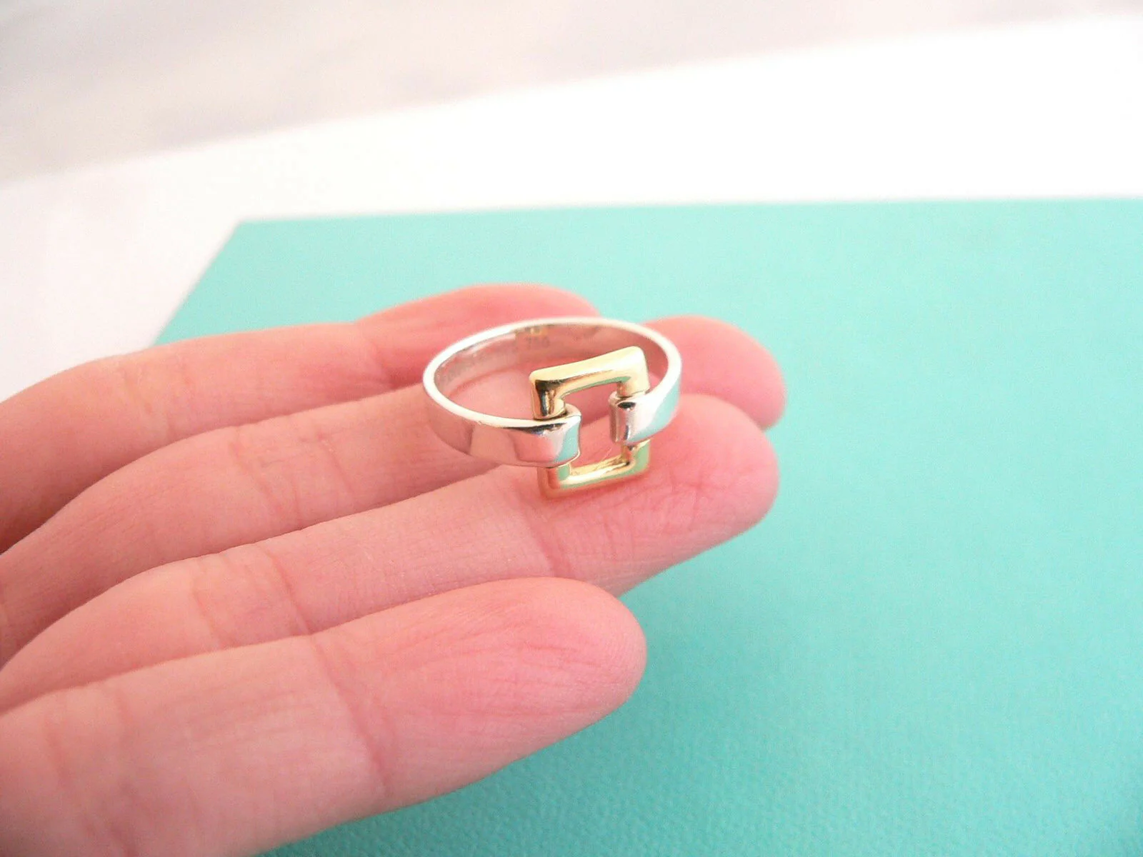 Tiffany & Co Silver 18K Gold Rectangle Ring Band Sz 7 Rare Gift Love Statement