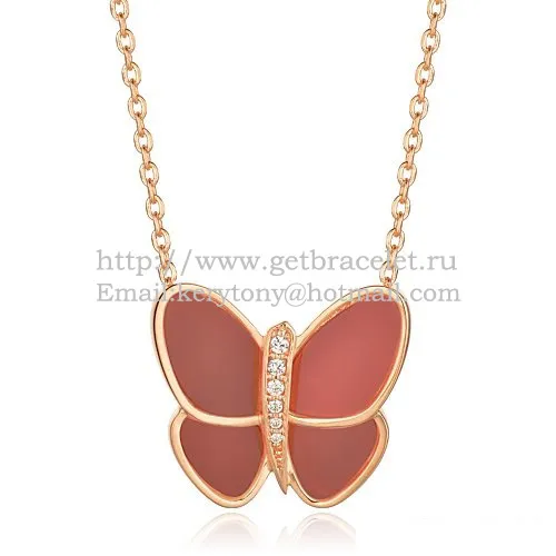 Van Cleef & Arpels Flying Butterfly Pendant Necklace Pink Gold With Red Onyx Diamonds