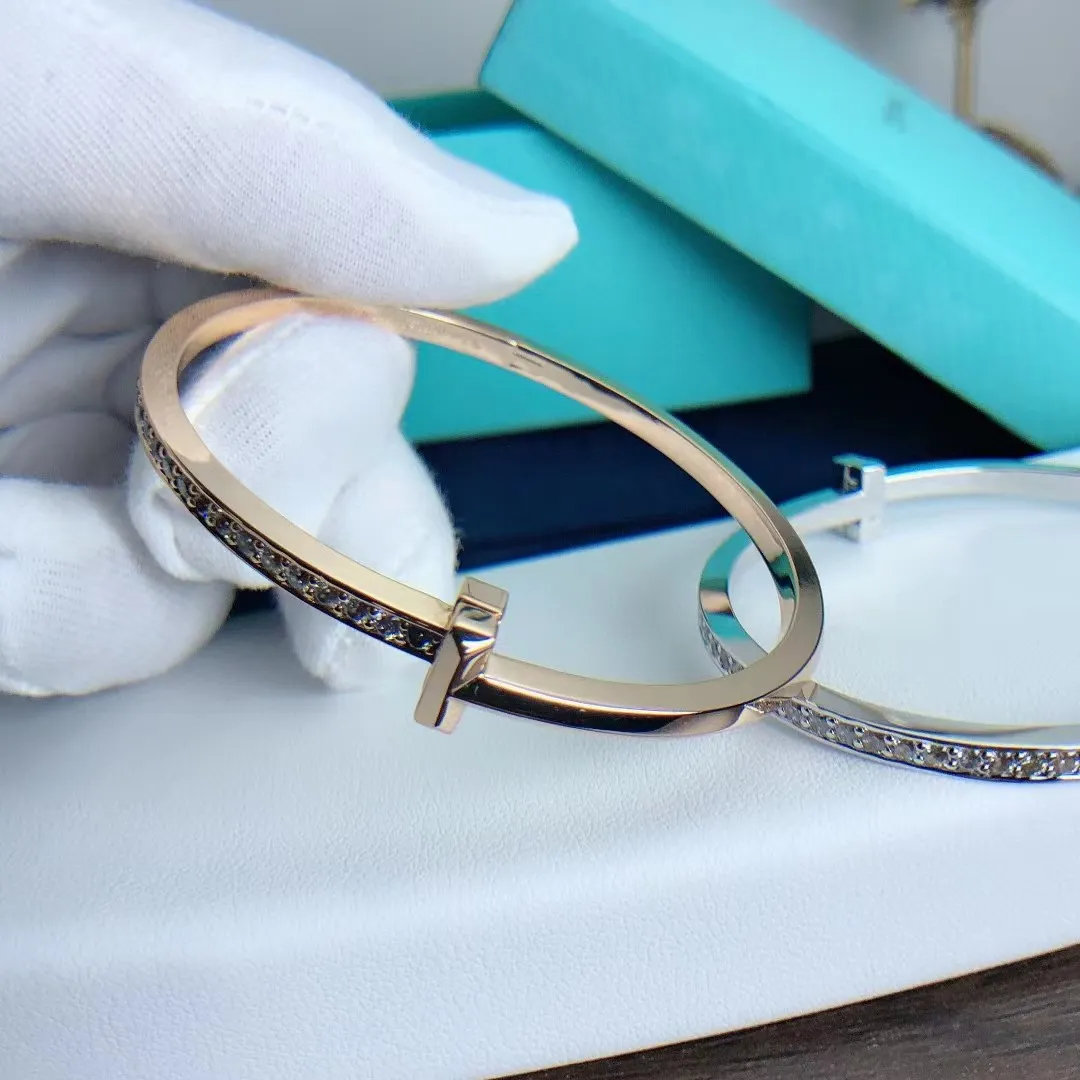 Tiffany T T1 Narrow Hinged Bangle With Diamonds Champagne Gold/White Gold