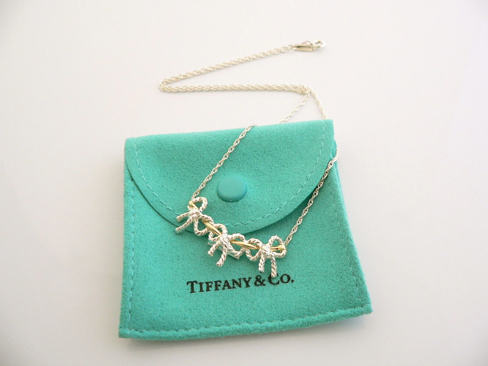 Tiffany & Co Silver 18K Gold Triple Ribbon Bow Necklace Pendant 19 In Gift Pouch