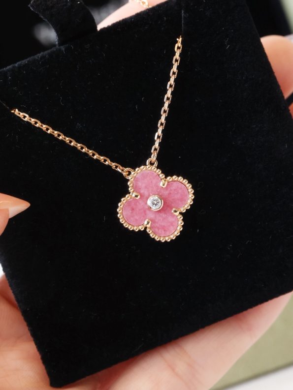 Van Cleef Necklace Dupe, Pink Clover Leaf Necklace, One Diamond, Rose Gold Chain