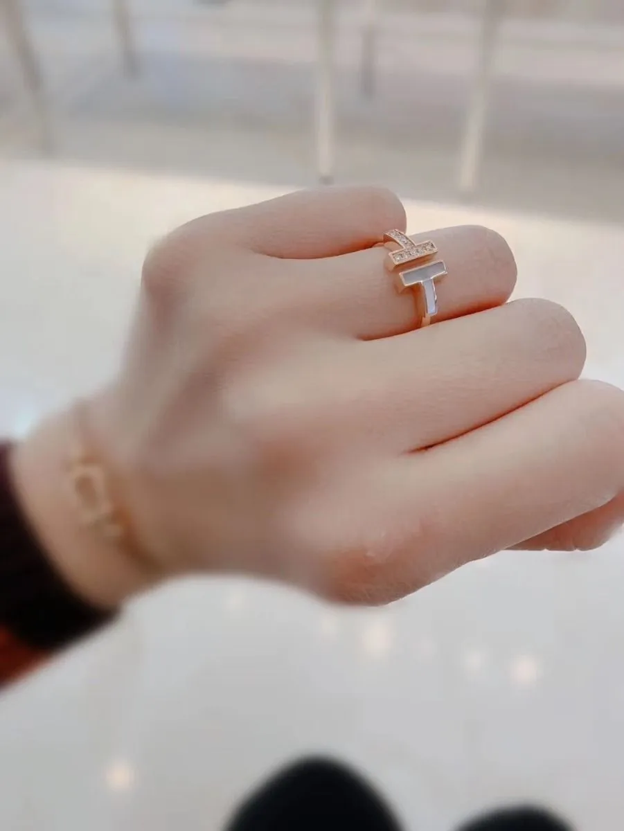 Womens Tiffany T Mother Of Pearl Rose Gold Double T Diamonds Wire Ring 6/7/8 US