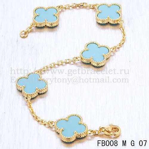 Van Cleef & Arpels Vintage Alhambra Bracelet 5 Motifs Yellow Gold With Turquoise Mother Of Pearl