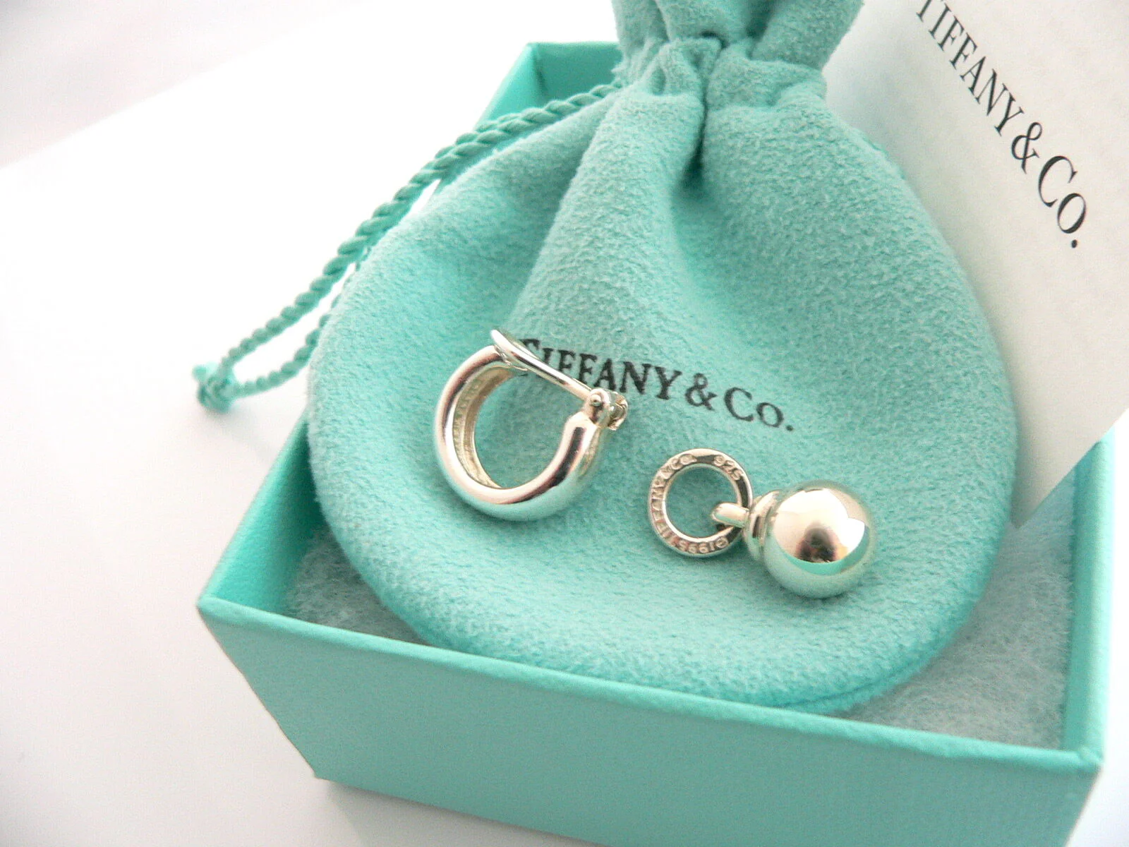 Tiffany & Co Silver Fascination Ball Bead Dangling Dangle Earrings Gift Pouch