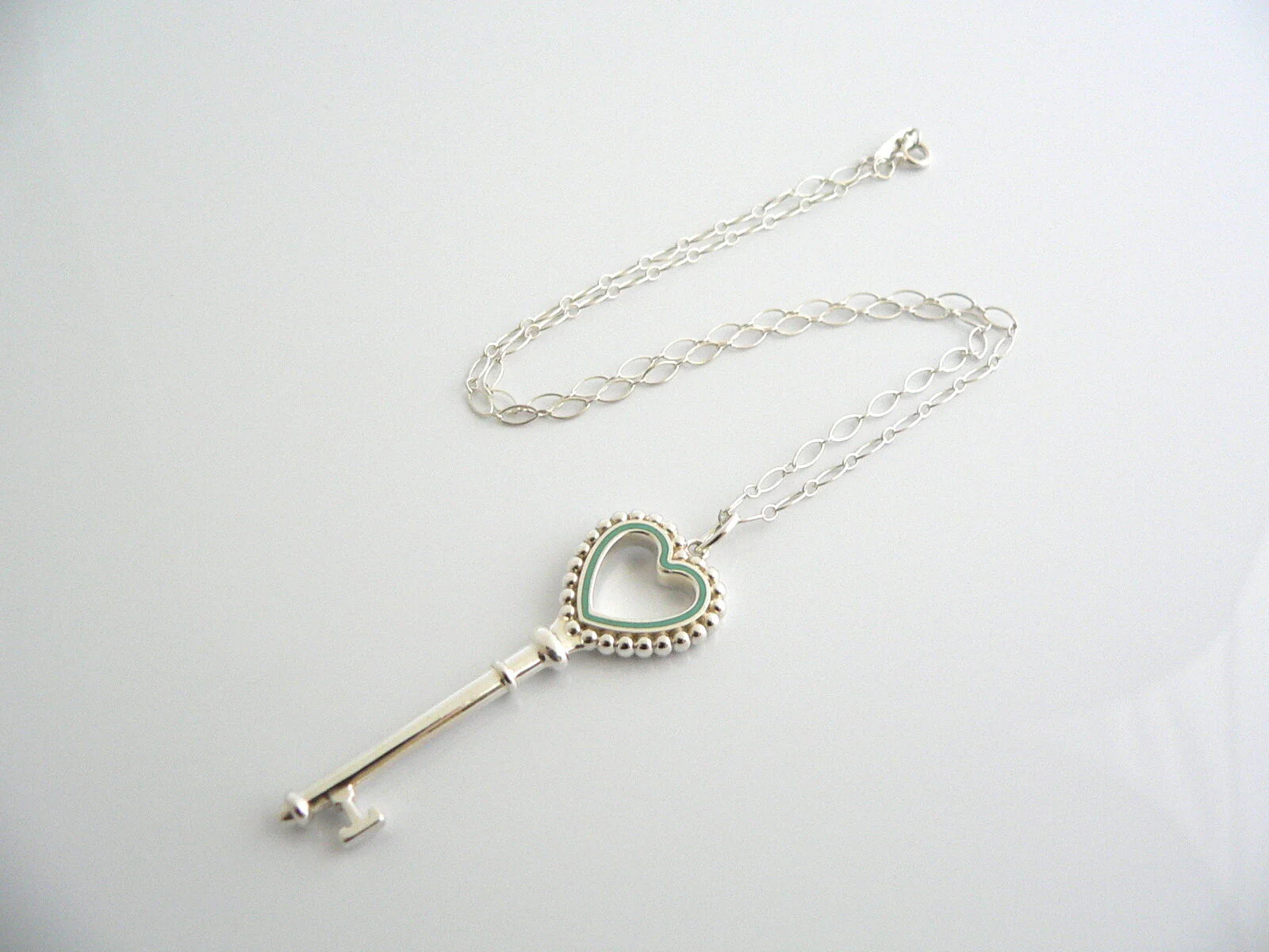 Tiffany Co Silver Blue Enamel Heart Key Necklace Pendant Bead Charm Gift Love