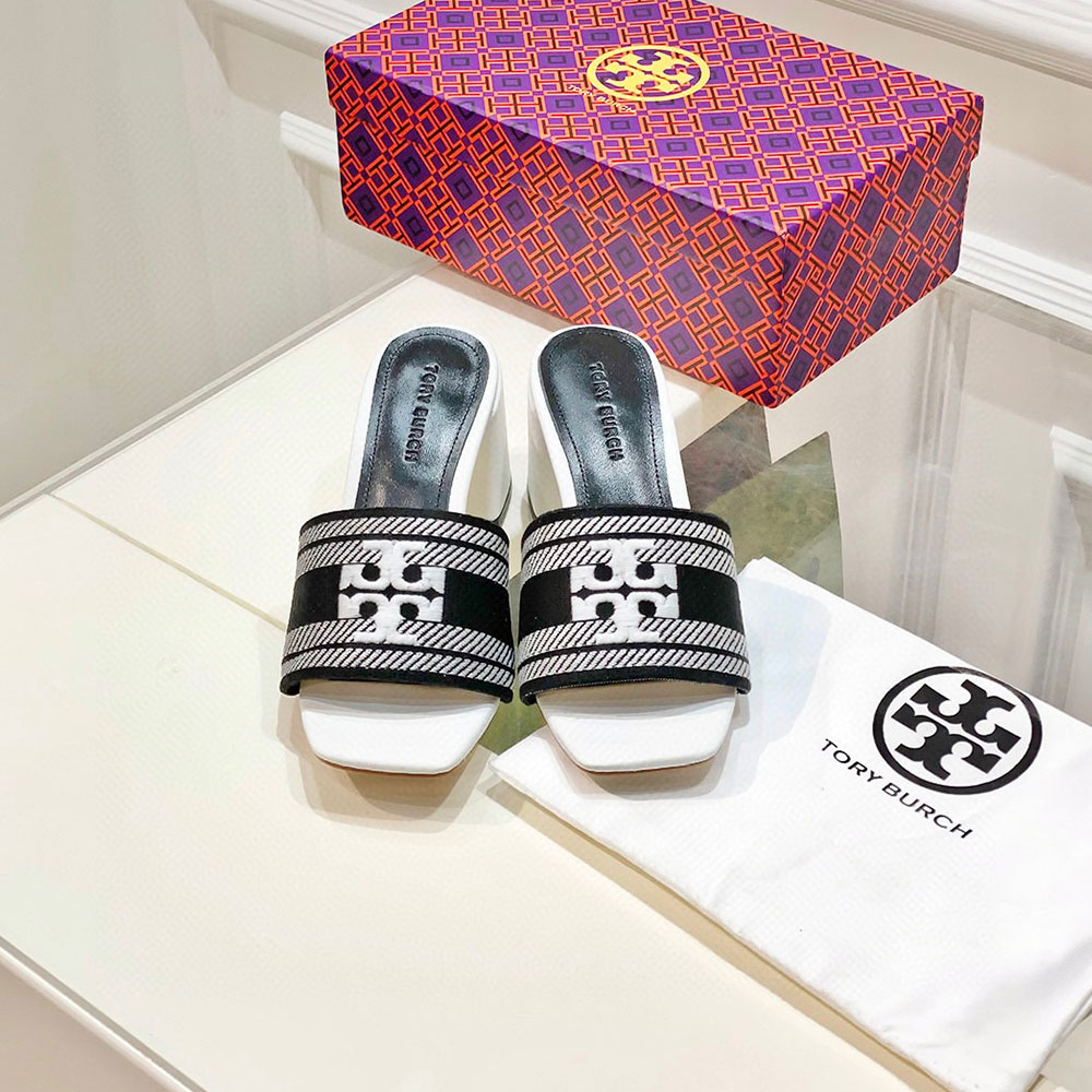 Tory Burch Fabric Flip-flops With Chunky Heels Sandals Slide (Replica)