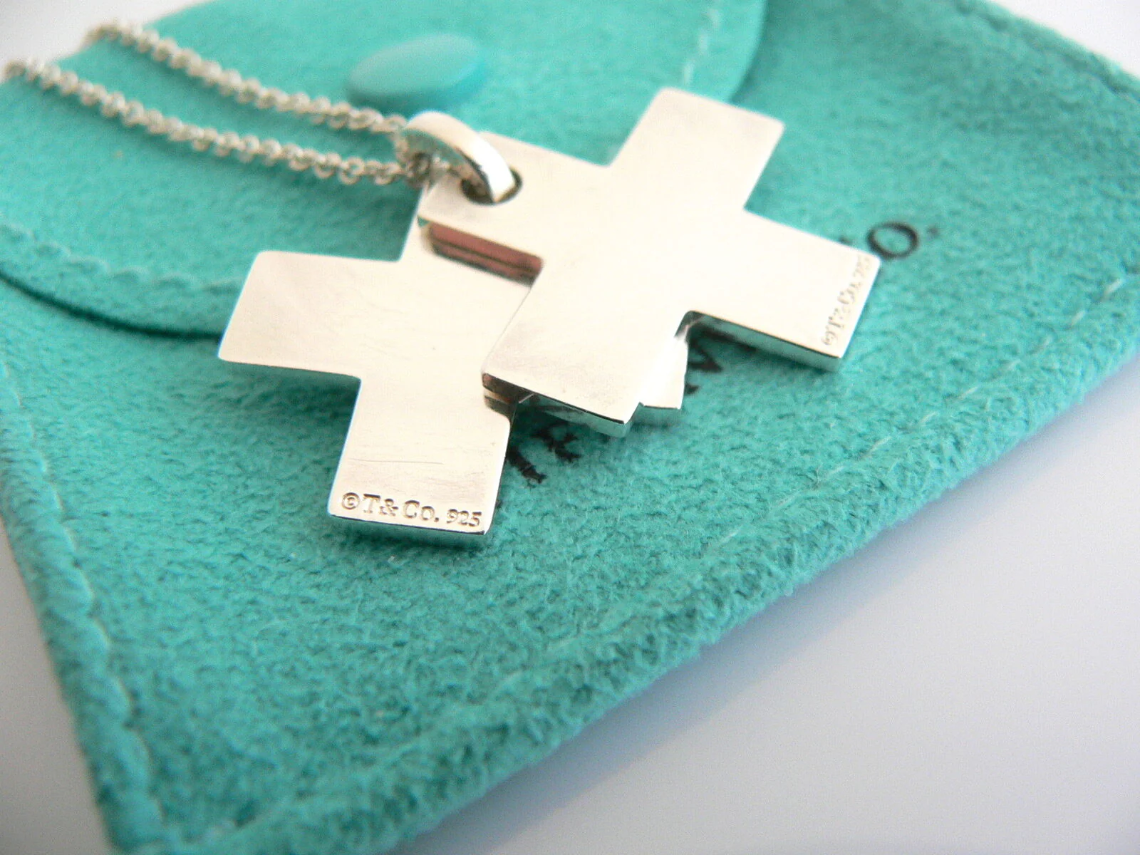 Tiffany & Co Silver 1837 Double Cross Necklace Pendant Charm 24 Inch Longer Chain Gift