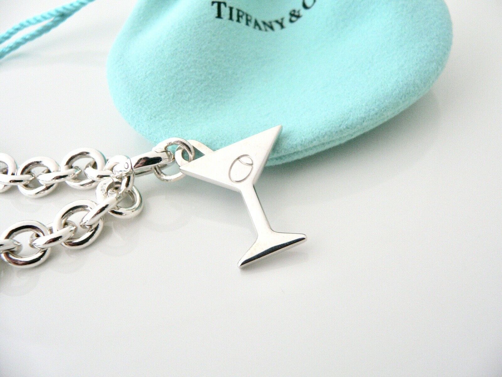 Tiffany & Co Martini Glass Olive Drink Bracelet Charm Chain Silver Pouch Gift