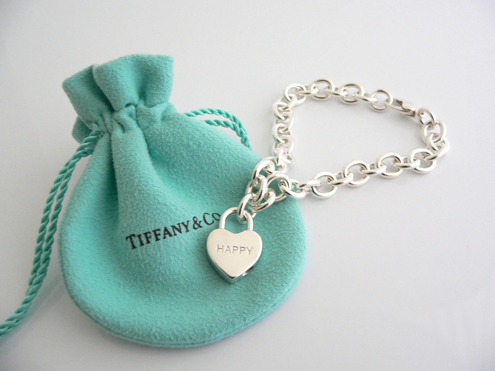 Tiffany & Co Silver HAPPY Heart Padlock Bracelet Bangle Charm Gift Pouch Love