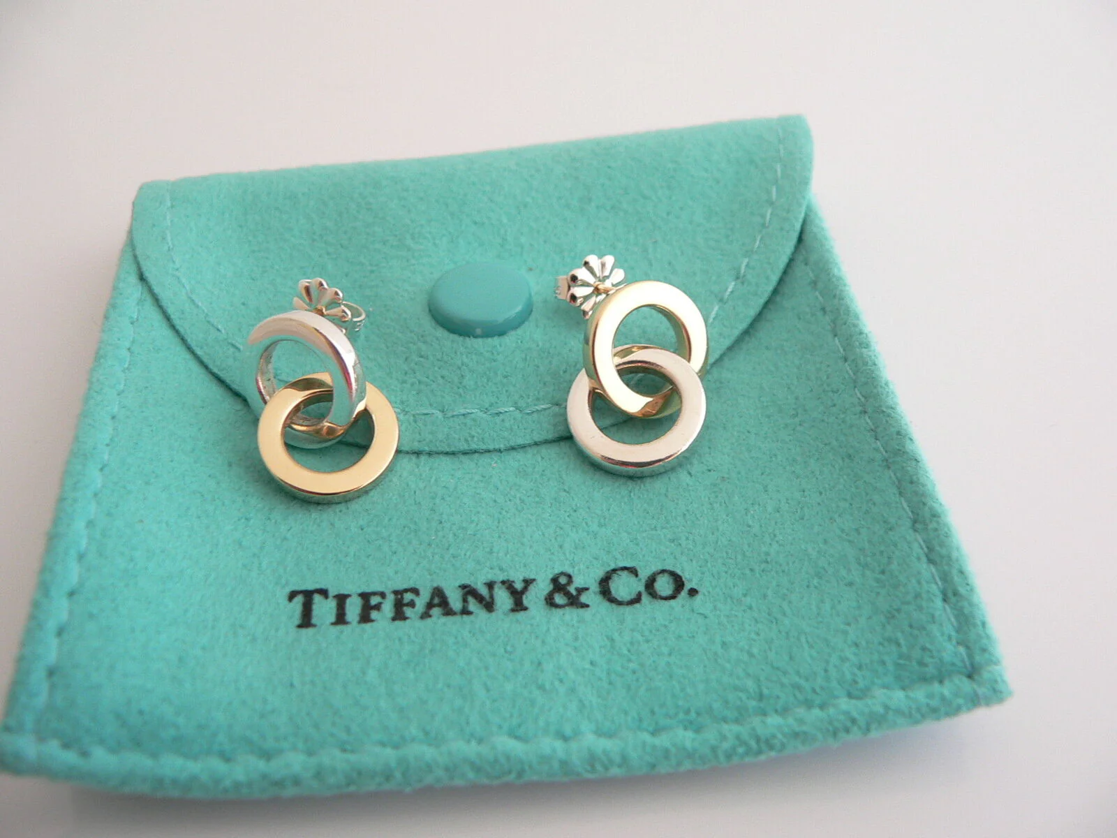 Tiffany & Co Silver 18K Gold Circles Dangling Dangle Earrings Gift Pouch Love