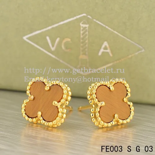 Van Cleef & Arpels Sweet Alhambra Earrings Yellow Gold With Tiger's Eye Mother Of Pearl