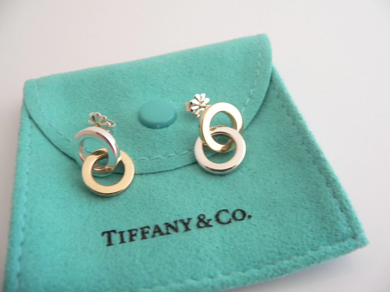Tiffany & Co Silver 18K Gold Circles Dangling Dangle Earrings Gift Pouch Love