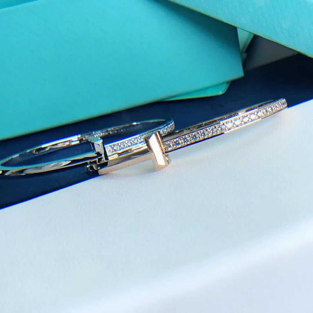 Tiffany T T1 Narrow Hinged Bangle With Diamonds Champagne Gold/White Gold