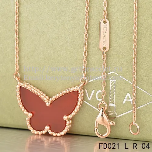 Van Cleef Arpels Lucky Alhambra Butterfly Pendant Pink Gold With Carnelian Mother Of Pearl