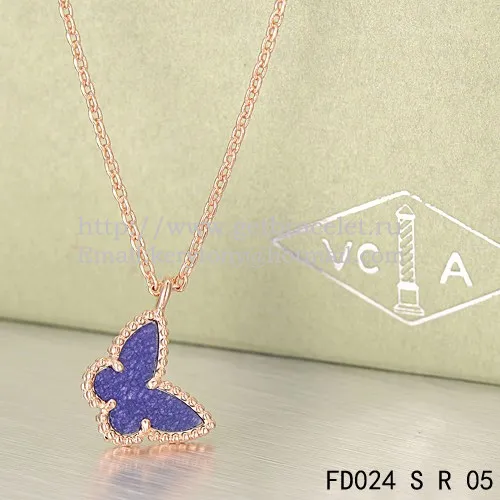 Van Cleef Arpels Lucky Alhambra Butterfly Necklace Pink Gold With Lapis Stone Mother Of Pearl
