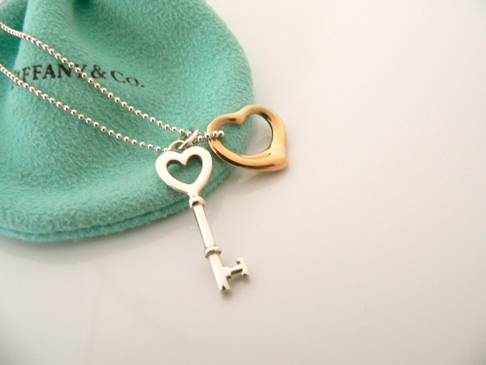 Tiffany Co Silver 18K Gold Open Heart Key Necklace Pendant Charm Chain Gift Love