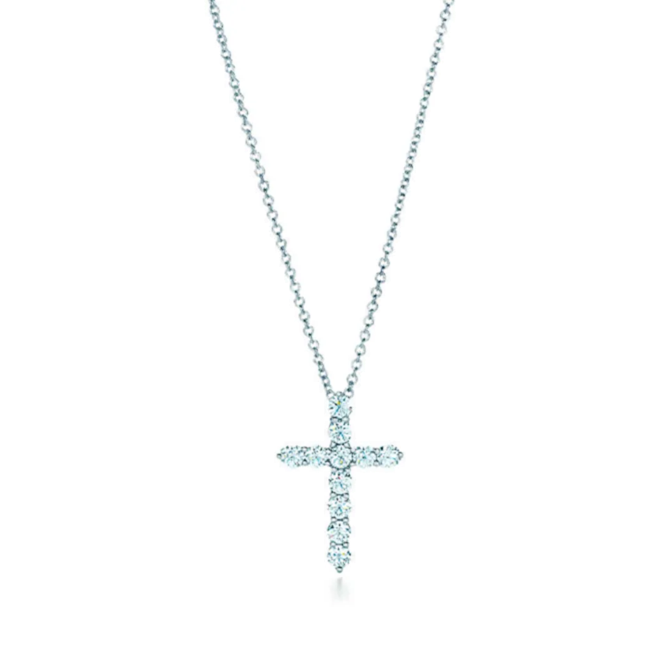 Tiffany Cross Pendant With Diamonds Sterling Silver Chain Necklace Fashion Party Jewelry Women