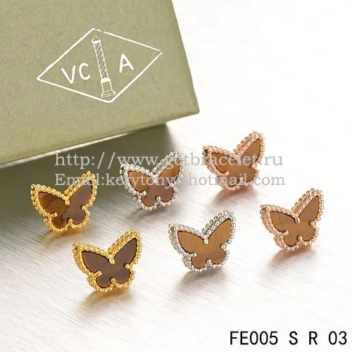 Van Cleef & Arpels Sweet Alhambra Butterfly Earrings Pink Gold With Tiger's Eye Mother Of Pearl