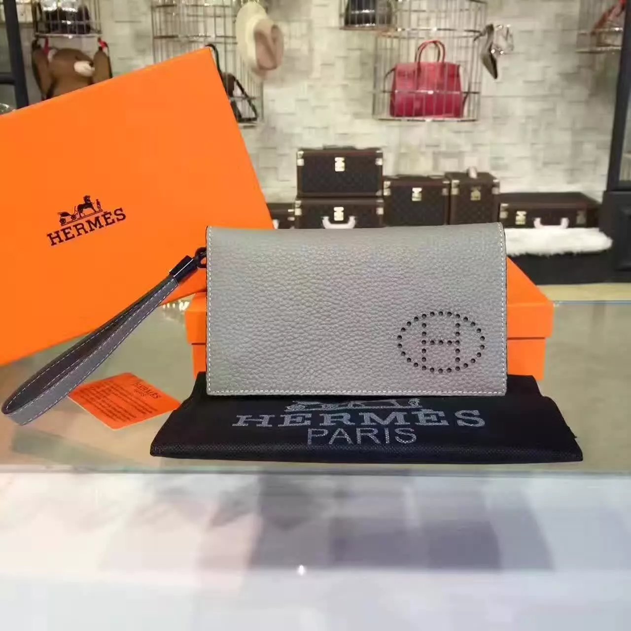 Original Quality Hermes 802-1 Leather Men???��s Clutch Wallet Grey