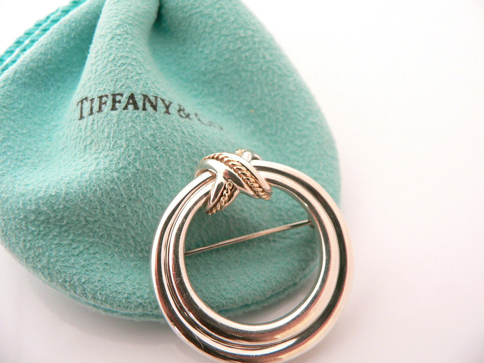 Tiffany & Co Silver 18K Gold Signature X  Rope Brooch Pin Rare Gift Pouch Love
