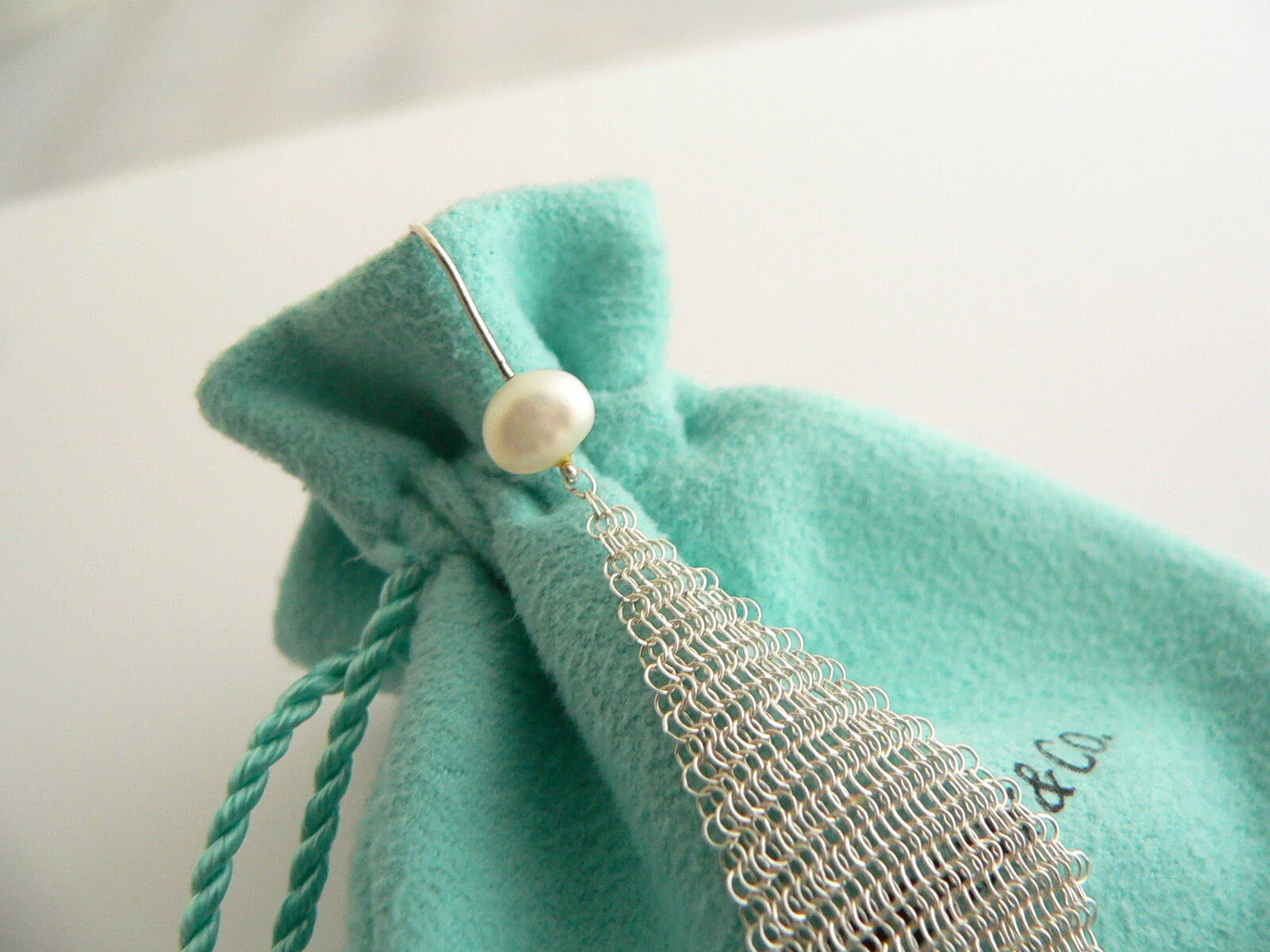 Tiffany & Co Silver Large 3 Inch Pearl Mesh Drop Dangling Dangle Earrings Gift