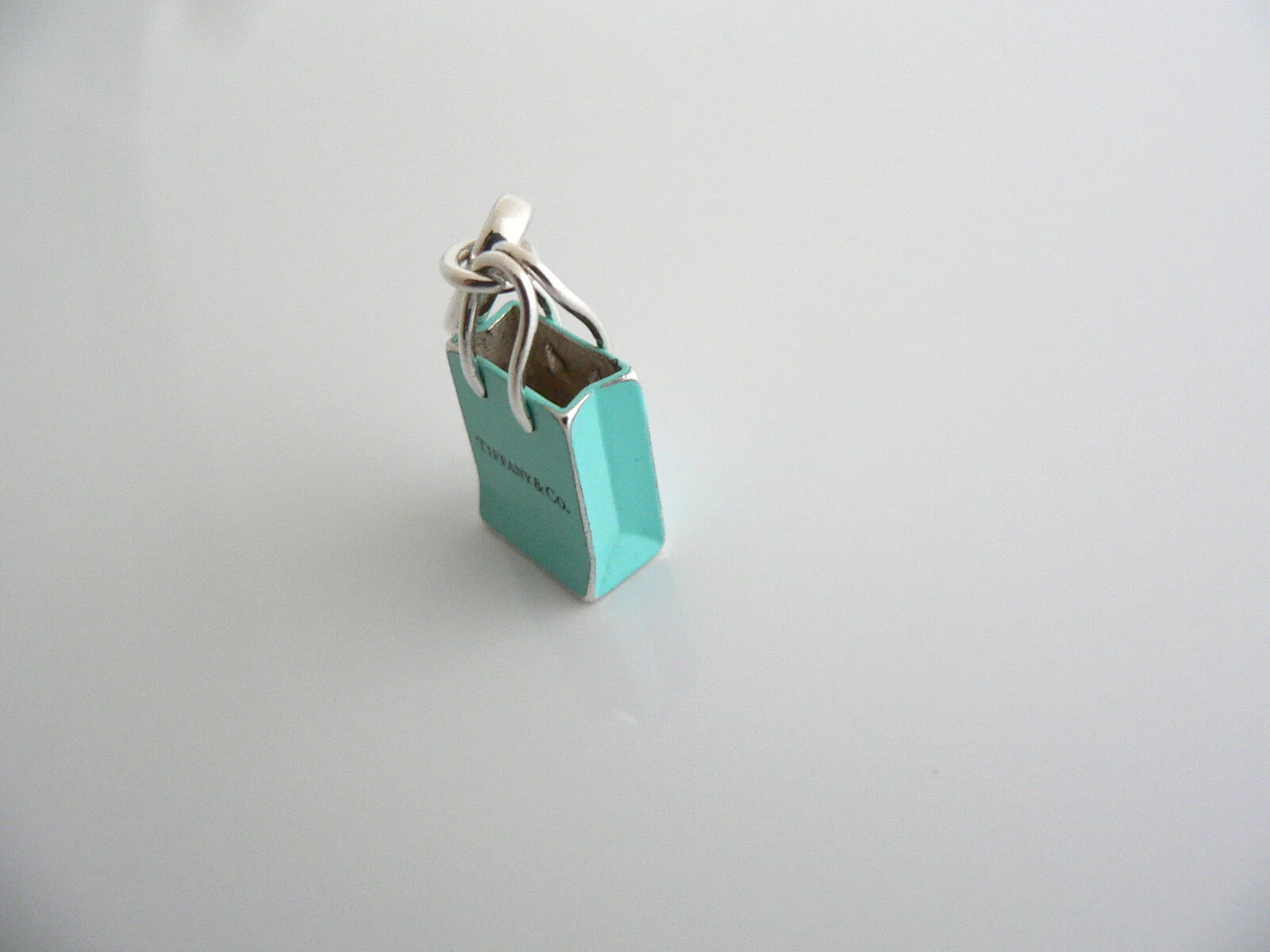 Tiffany & Co Silver Blue Enamel Shopping Bag Charm Pendant Oval Clasp Gift Love