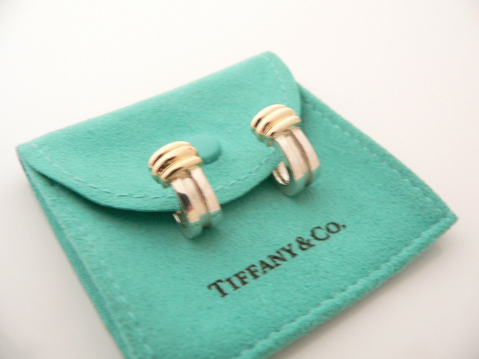 Tiffany & Co Silver 18K Gold Atlas Loop Hoop Clip On Earrings Gift Pouch Love