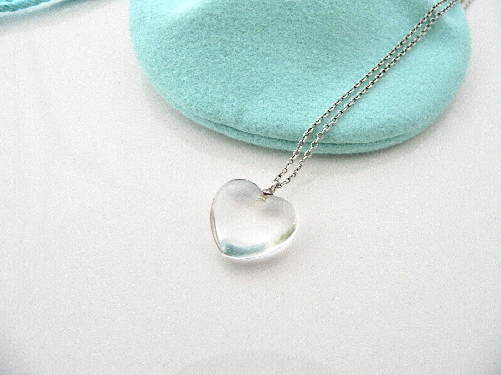 Tiffany & Co Crystal Puff Heart Necklace Pendant Charm Chain Silver Gift Pouch