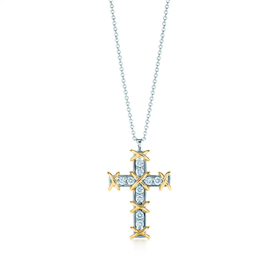 Hot Tiffany Schlumberger Ten Stone Cross Pendant Necklace Diamonds America Sale Online Lady 23926261/23926296
