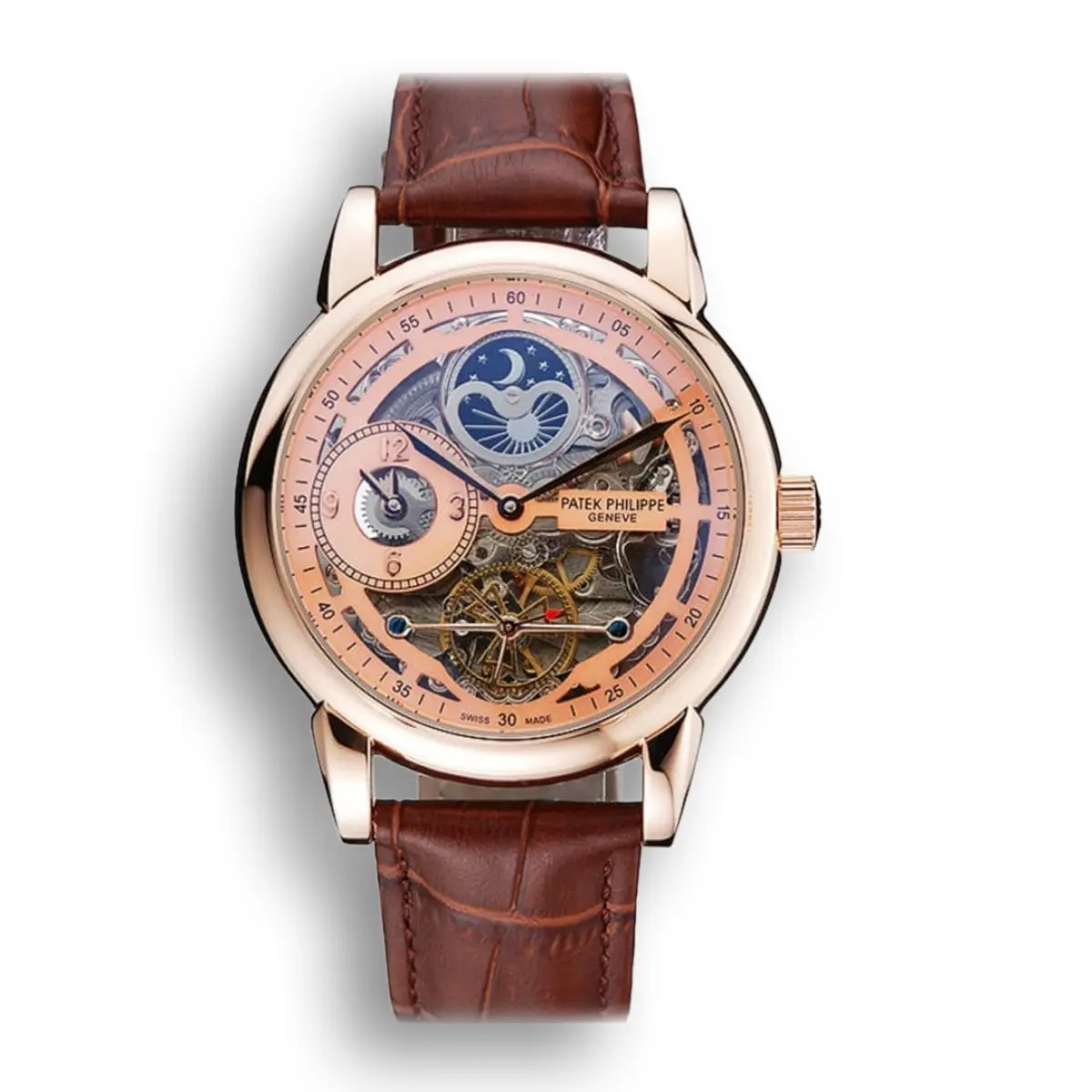 Dual Time Moonphase Tourbillon Silver Skeletonised Dial 44 mm, Rose Gold Plated
