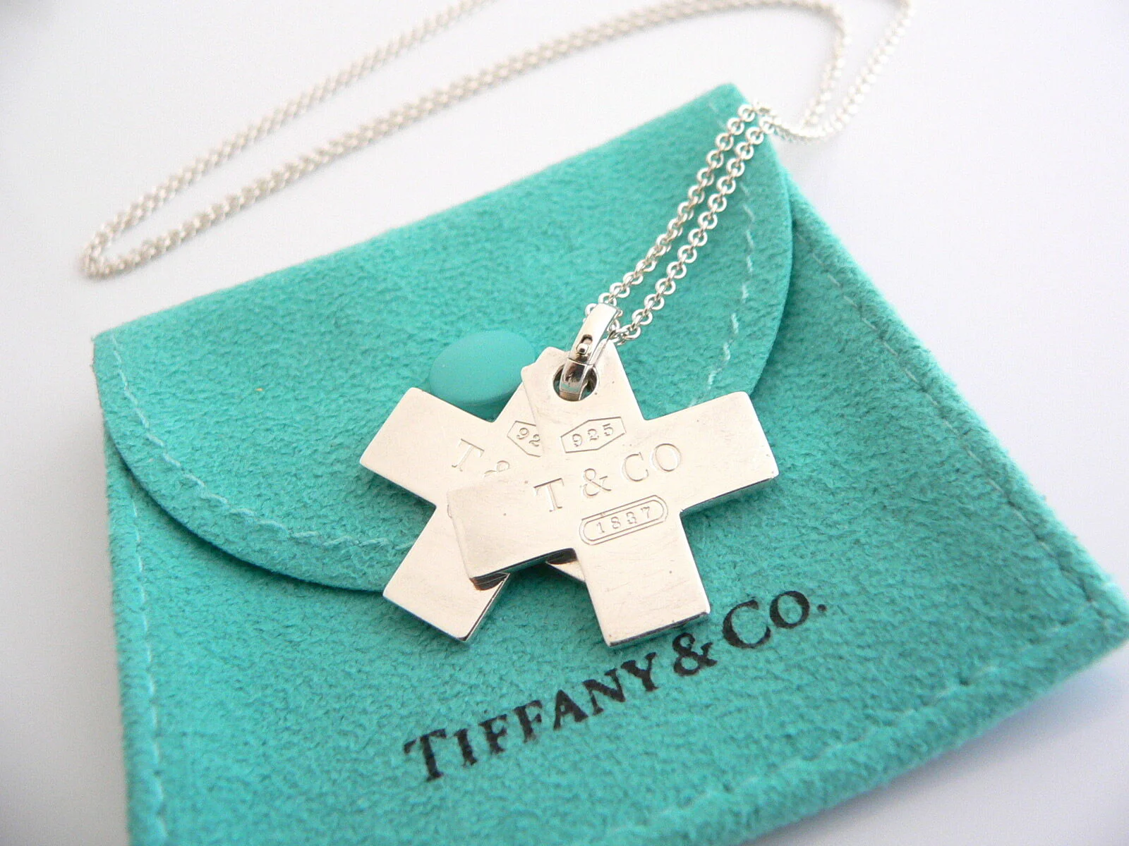 Tiffany & Co Silver 1837 Double Cross Necklace Pendant Charm 24 Inch Longer Chain Gift