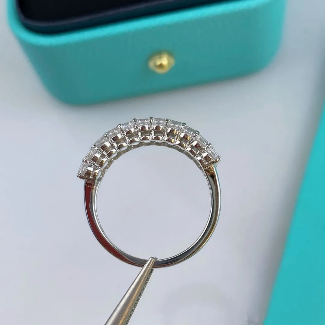 2021 Style Tiffany Sterling Silver Women White Gold Three-row Diamonds Fashion Ring 5/6/7/8 (US)