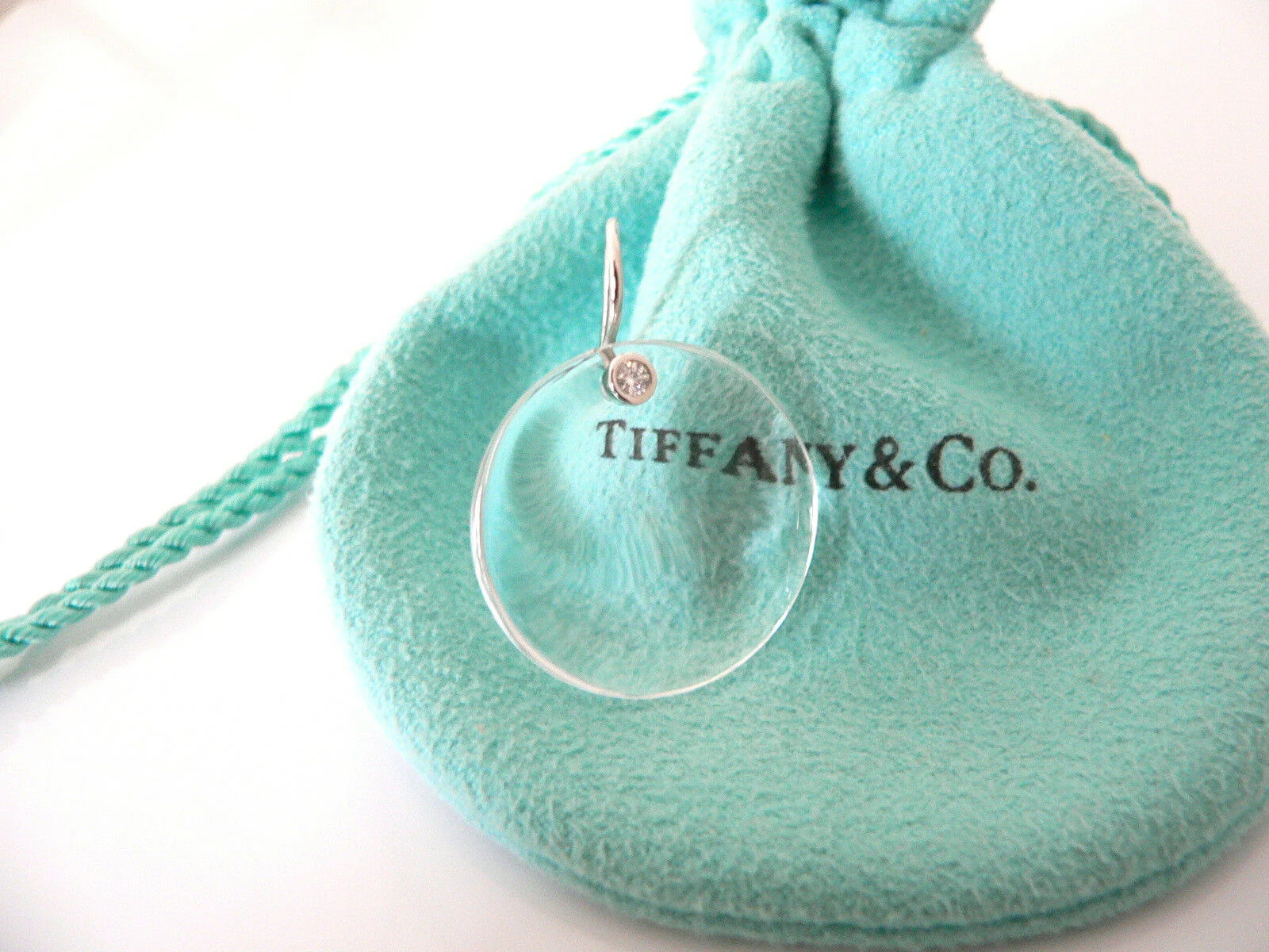 Tiffany & Co Peretti Platinum Diamonds Rock Crystal Disc Dangle Earrings Pouch