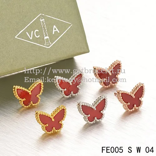 Van Cleef & Arpels Sweet Alhambra Butterfly Earrings White Gold With Carnelian Mother Of Pearl