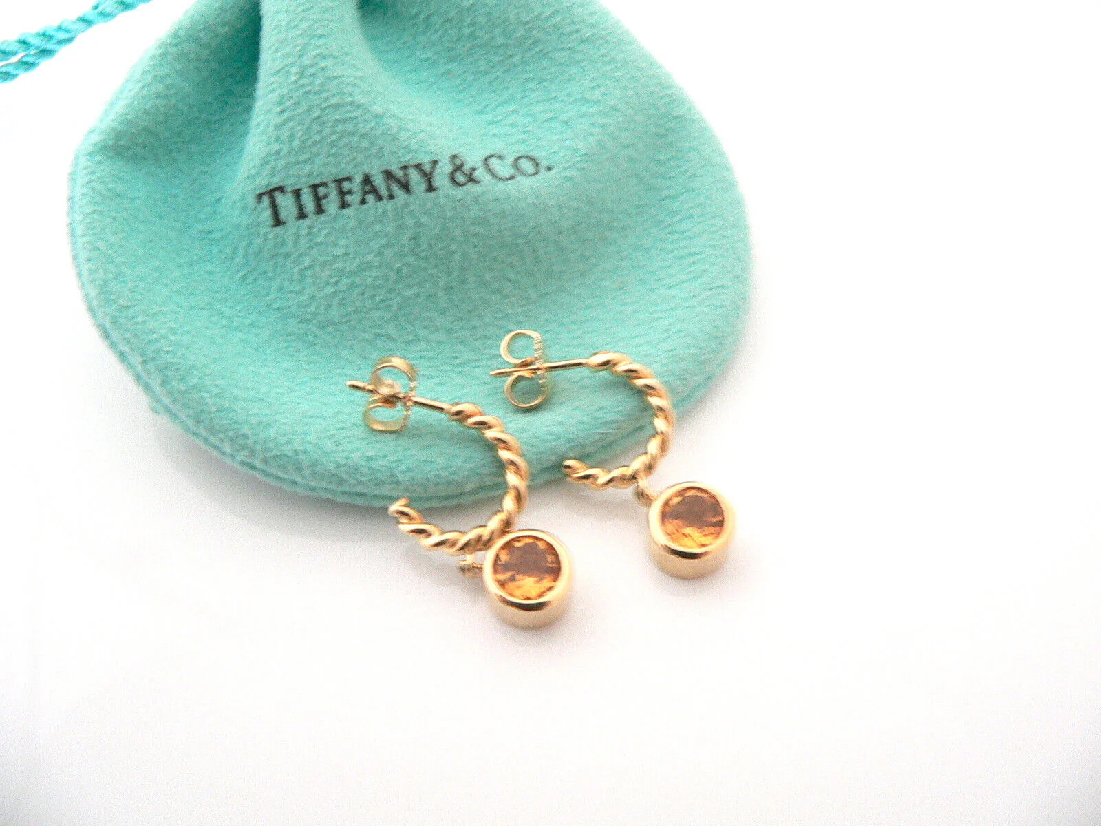 Tiffany & Co 18K Gold Twist Twirl Citrine Gemstone Dangling Dangle Earrings Gift