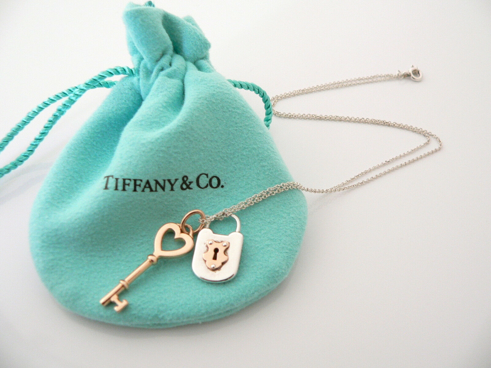 Tiffany Co Silver 18K Rose Gold Heart Key Locks Necklace Pendant Charm Gift Love