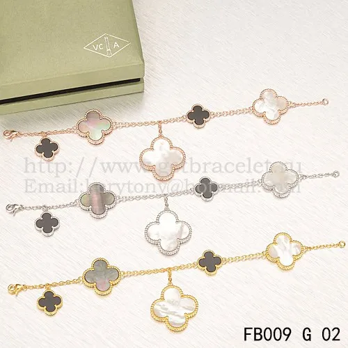 Van Cleef & Arpels Magic Alhambra Bracelet 5 Motifs Yellow Gold With White Gray Mother Of Pearl Black Agate