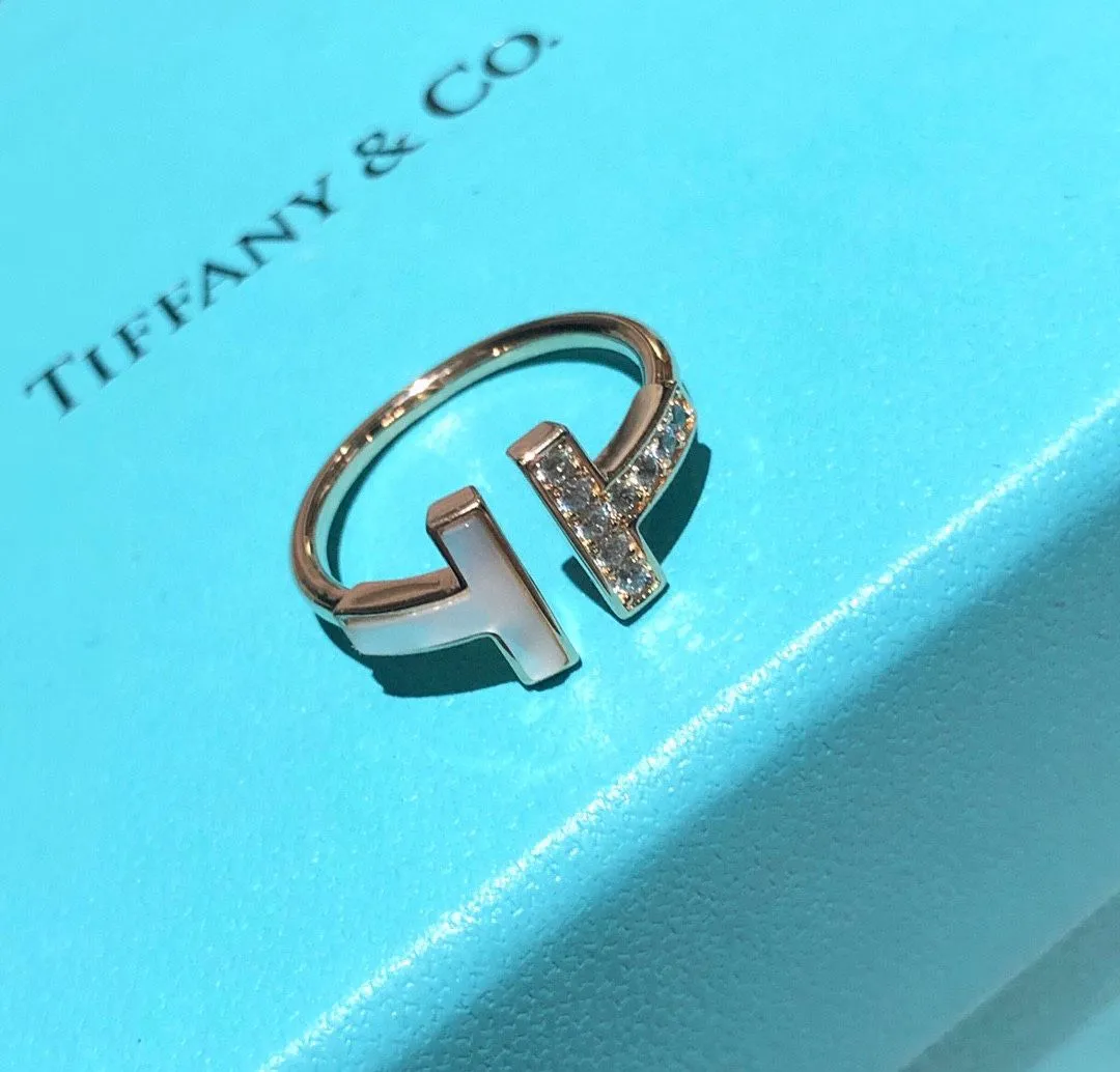 Womens Tiffany T Mother Of Pearl Rose Gold Double T Diamonds Wire Ring 6/7/8 US
