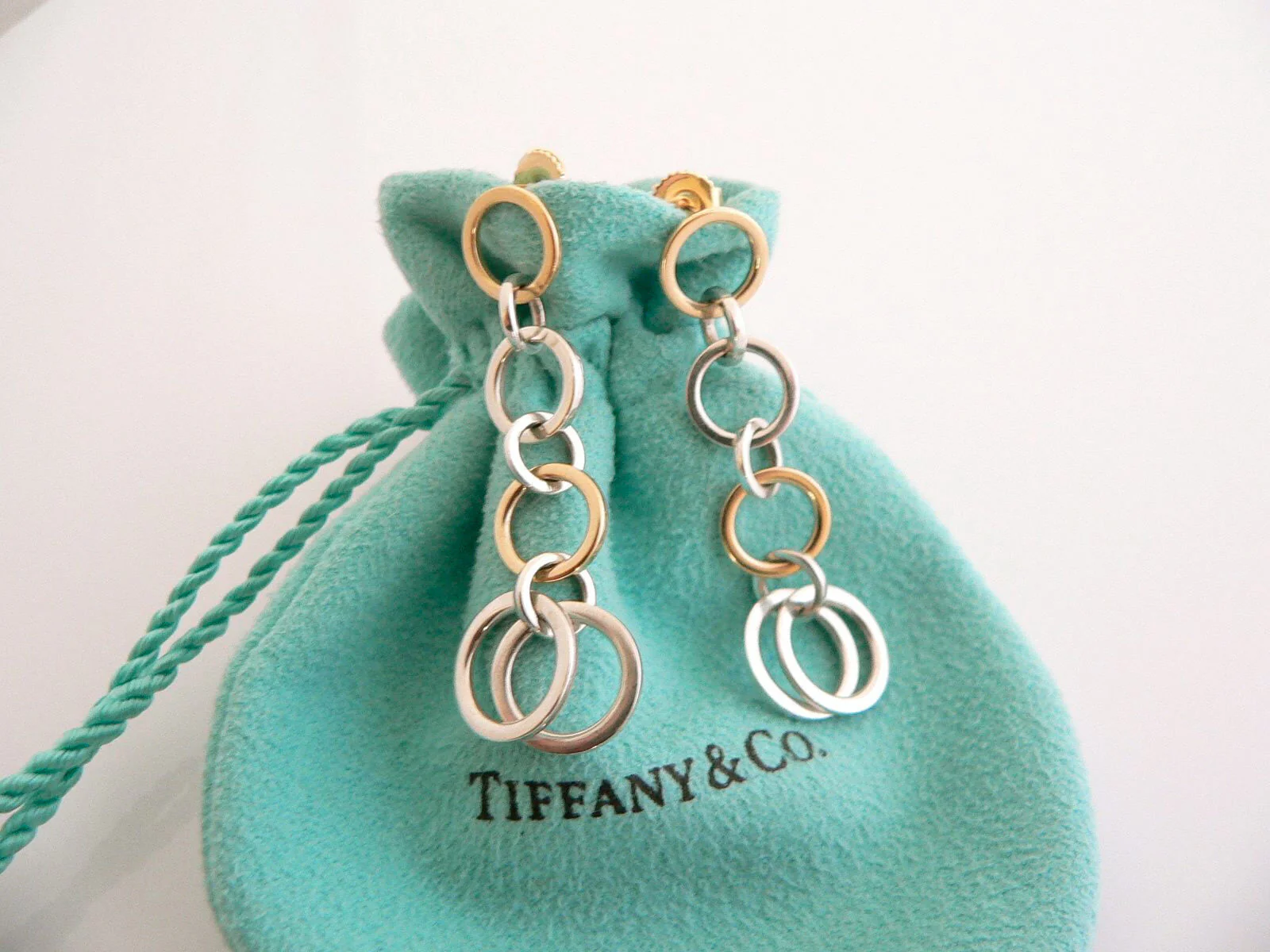 Tiffany & Co Silver 18K Gold Circles Dangling Dangle Earrings Love Gift Pouch