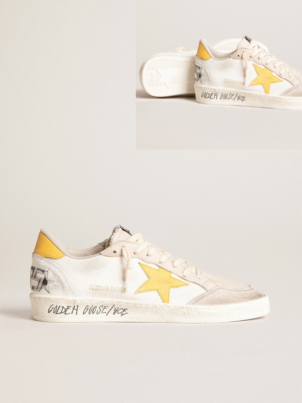 Golden Goose GGDB Ball Star LTD in white mesh with yellow leather star and heel tab