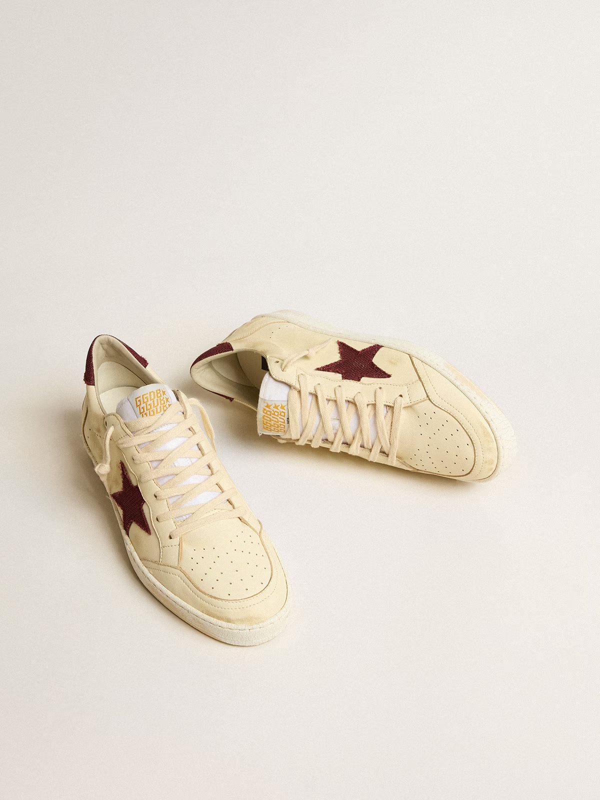 Golden Goose GGDB Men's Ball Star in beige nappa with burgundy mesh star and heel tab