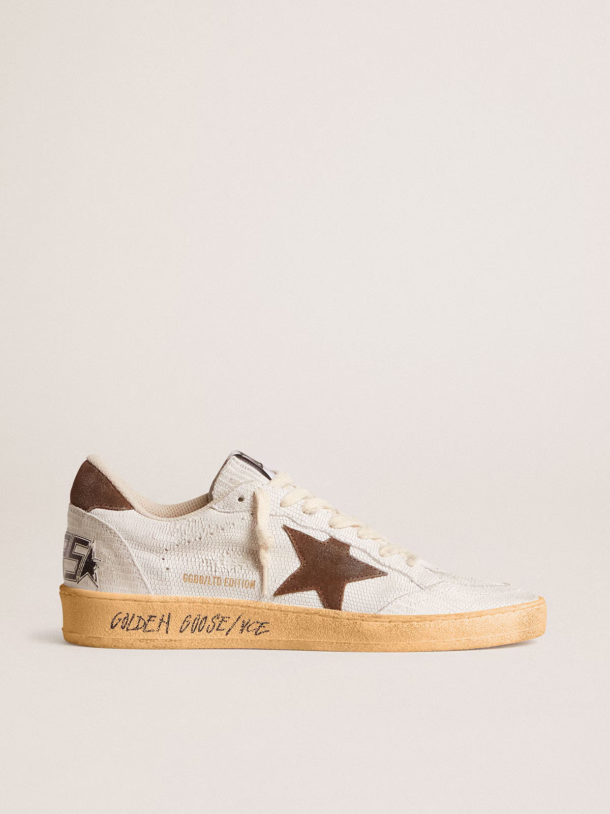 Golden Goose GGDB Women's Ball Star in white nubuck leather with brown suede star and heel tab