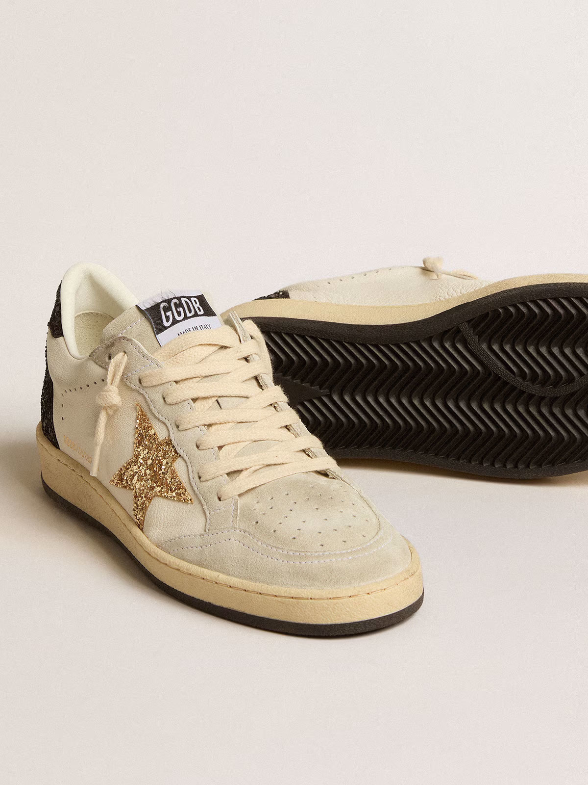 Golden Goose GGDB Ball Star in black nappa leather with black glitter star and suede heel tab