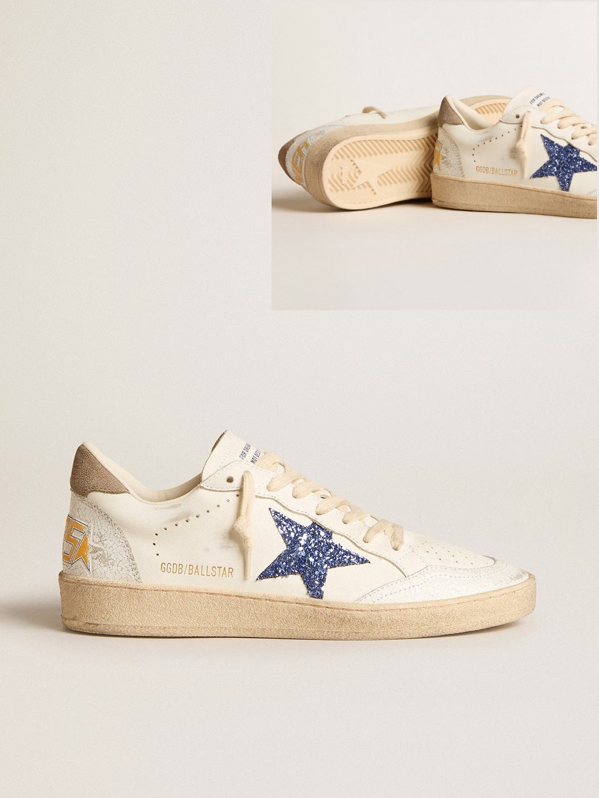 Golden Goose GGDB Ball Star with blue glitter star and dove-gray suede heel tab